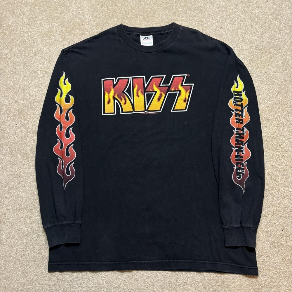Vtg KISS Shirt Mens XL Black Hotter Than Hell Flames Long Sleeve Alstyle 2001